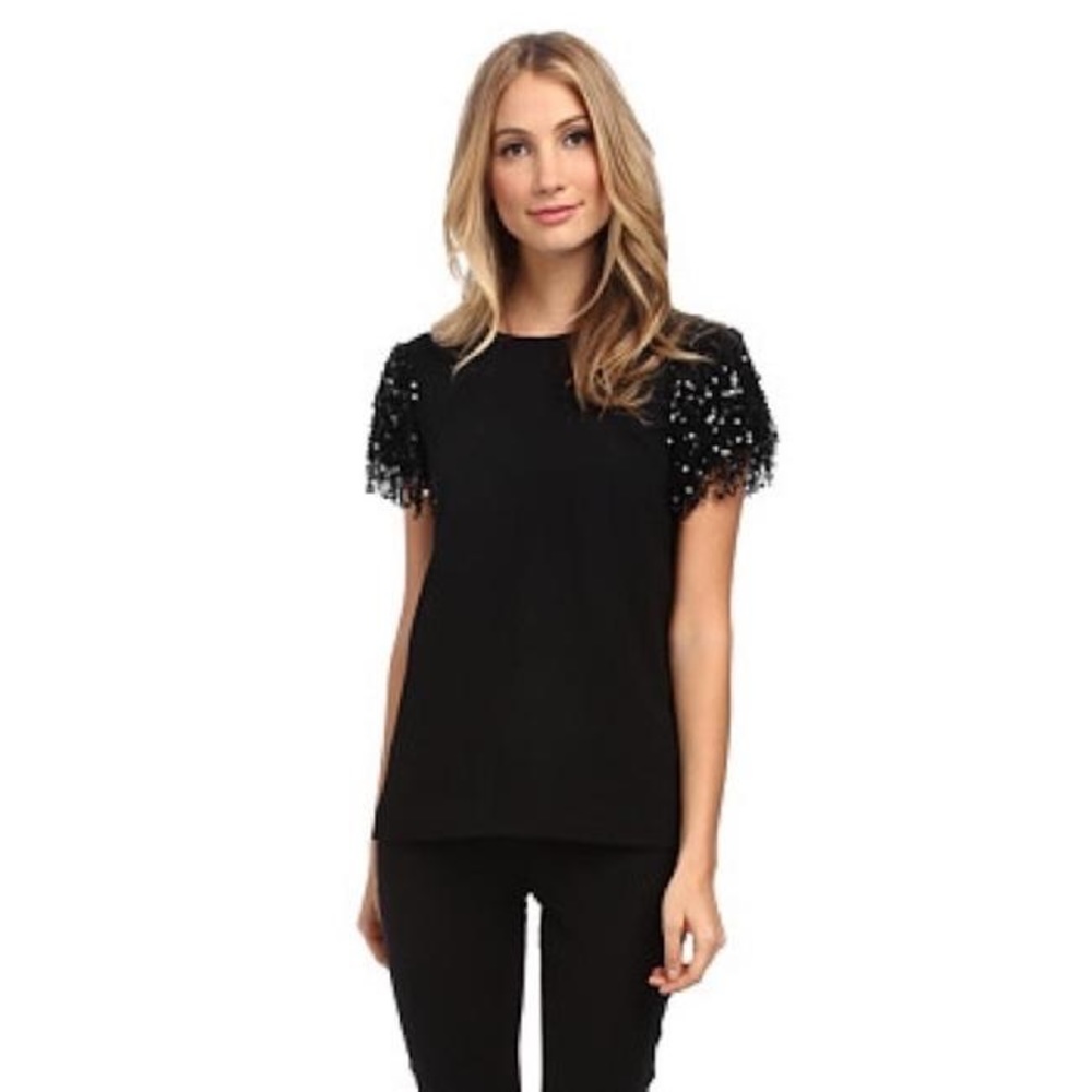 KATE SPADE ♠️ black dressy top with fringed flirty sequin sleeves XS 0